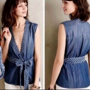 Anthropologie Holding Horses Blue Chambray Sleeveless Wrap Blouse